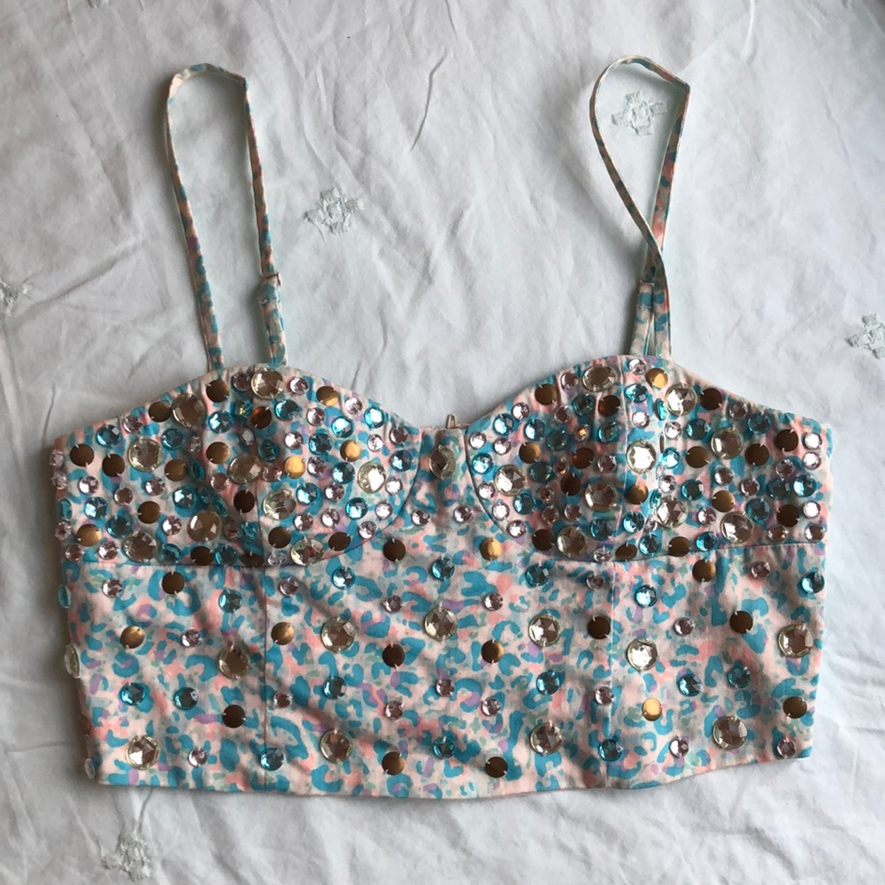 Beaded crop corset top, removable straps, zipper